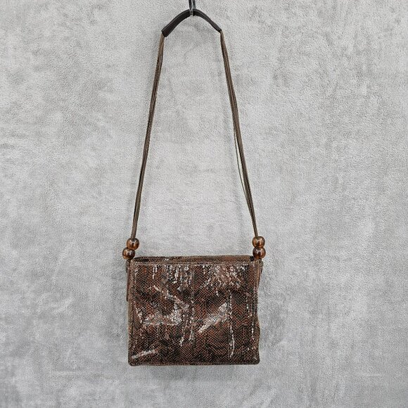 Basix New York Snake Print Textured Leather Shoulder Bag Brown Black Beads Strap - Picture 1 of 14